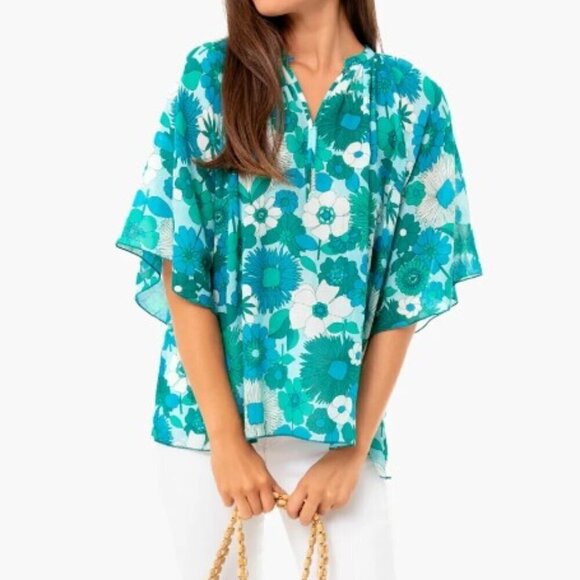 Antik Batik Cotton Voile Floral Blouse Womens Medium Blue Flutter Sleeve Tunic - Picture 8 of 11